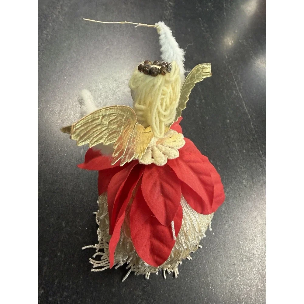 Vtg Handmade Christmas Angel Ornament Poinsettia Sequins Yarn Hair Gold Wings 6